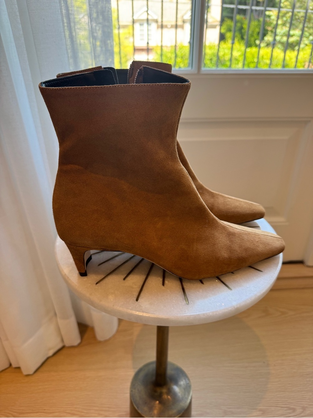 STAUD Tan Suede Pointed-Toe Kitten Heel Ankle Boots